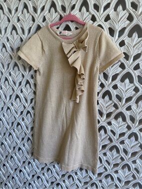 H&M Girls Gold Metallic Knit Bow Ruffle Dress Size 6-8Y